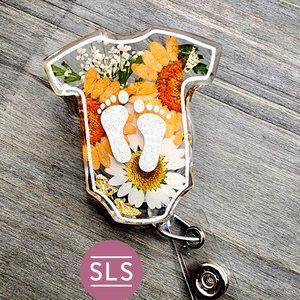 Floral Baby Romper With Footprints Badge Reel-NICU Badge Holder-Gift for NICU RN